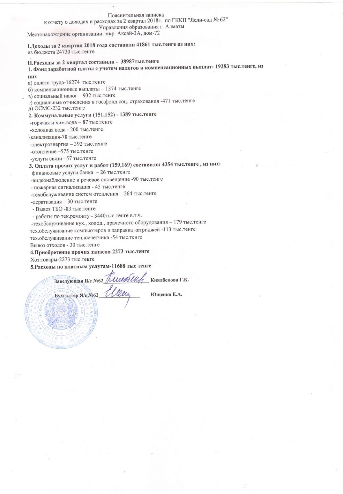 Отчет о доходах и расходах за 2 кв 2018г