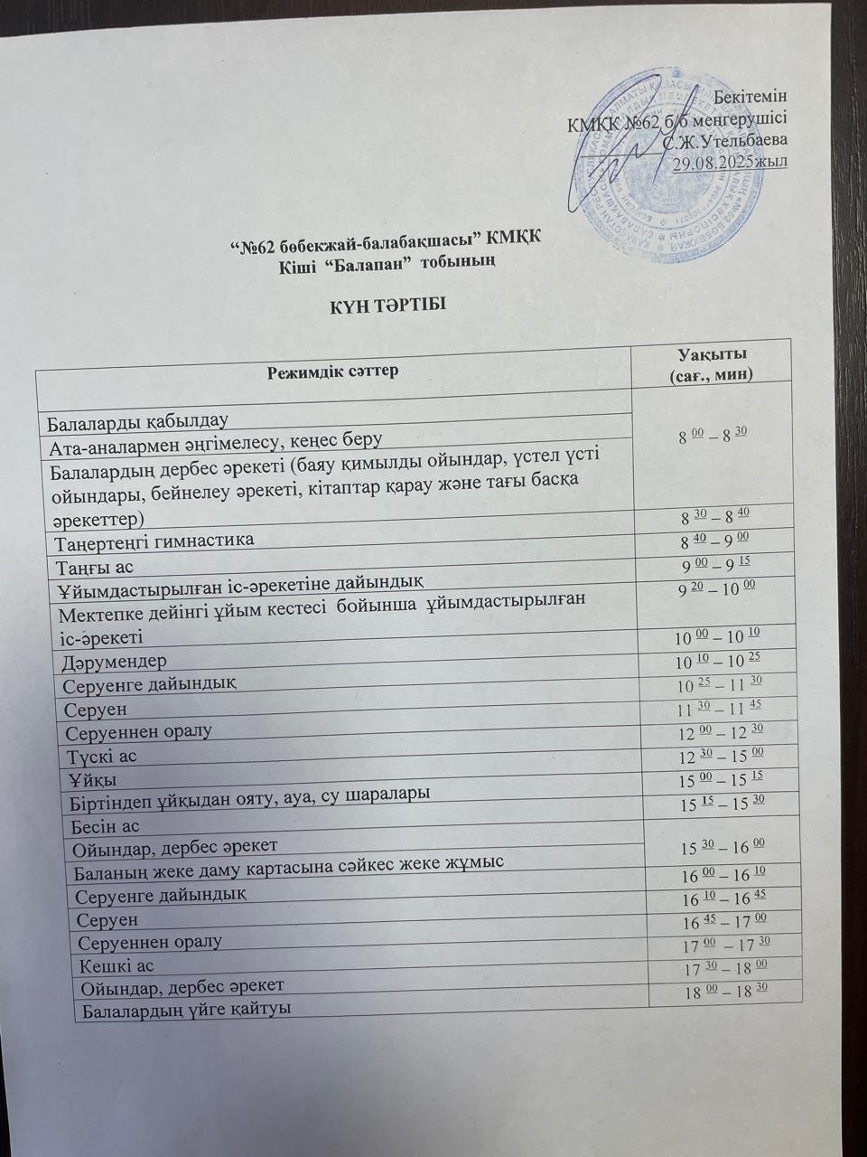 Күн тәртібі 2025-2026 оқу жылы
